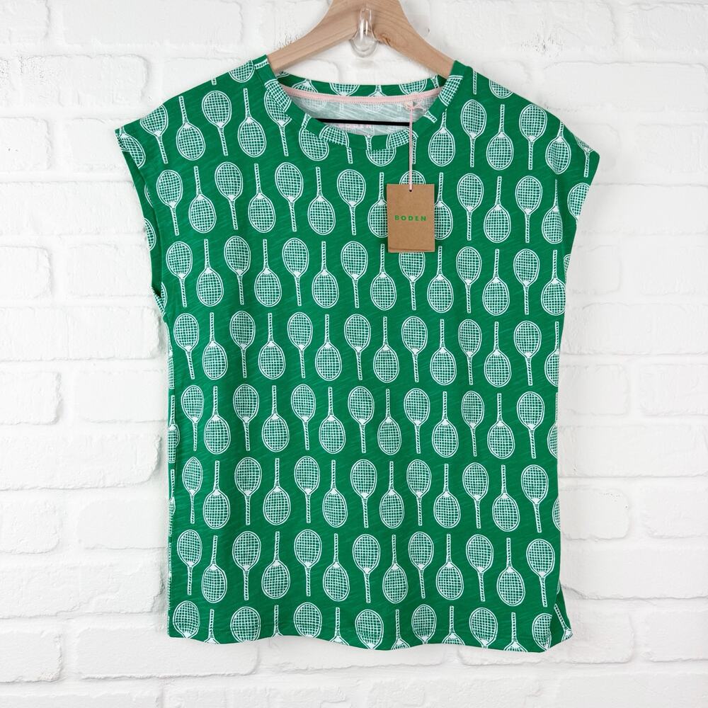 Boden Tennis Racket Print Casual Tee Green White 100% Cotton XS NWT